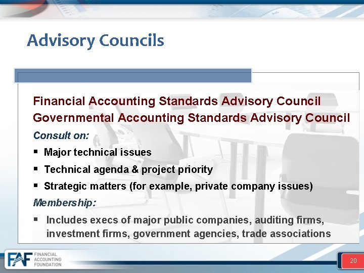 Advisory Councils Financial Accounting Standards Advisory Council Governmental Accounting Standards Advisory Council Consult on: