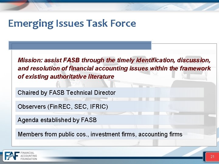 Emerging Issues Task Force Mission: assist FASB through the timely identification, discussion, and resolution