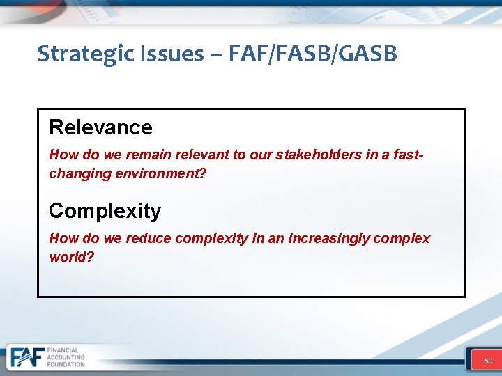 Strategic Issues – FAF/FASB/GASB Relevance How do we remain relevant to our stakeholders in