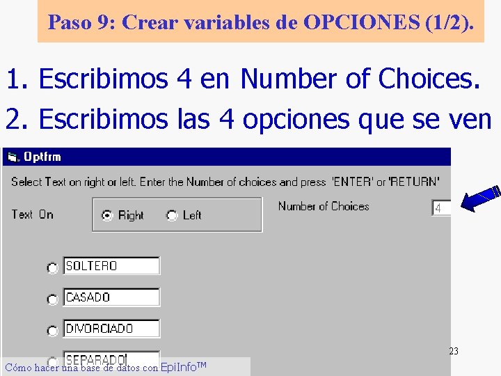 Paso 9: Crear variables de OPCIONES (1/2). 1. Escribimos 4 en Number of Choices.