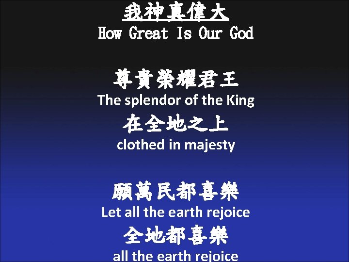 我神真偉大 How Great Is Our God 尊貴榮耀君王 The splendor of the King 在全地之上 clothed
