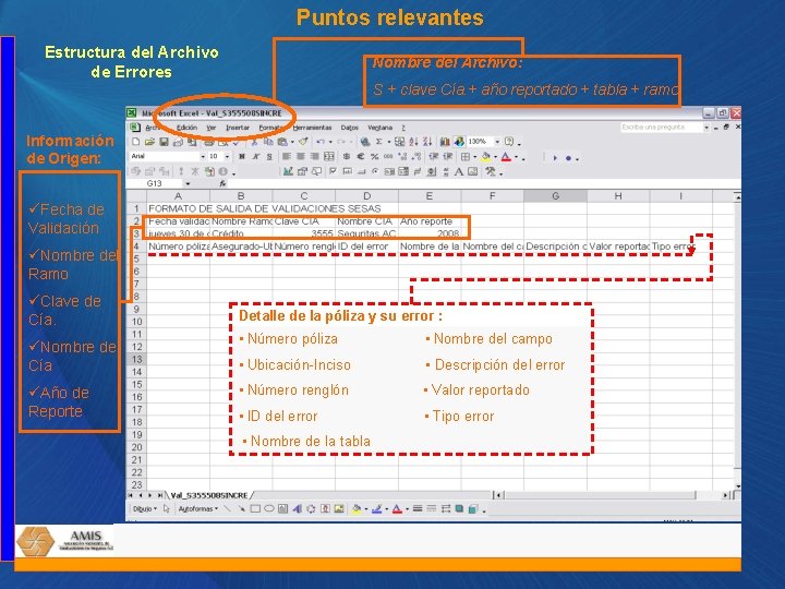 Puntos relevantes Estructura del Archivo de Errores Nombre del Archivo: S + clave Cía.