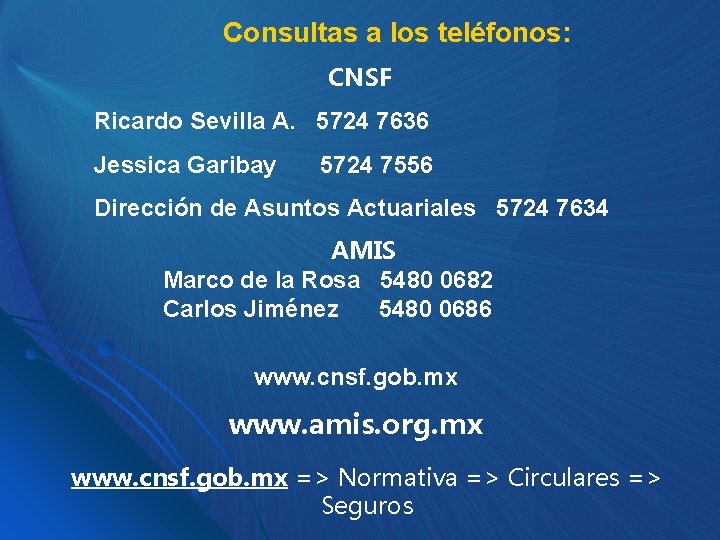 Consultas a los teléfonos: CNSF Ricardo Sevilla A. 5724 7636 Jessica Garibay 5724 7556