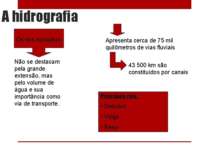 A hidrografia Os rios europeus. Não se destacam pela grande extensão, mas pelo volume