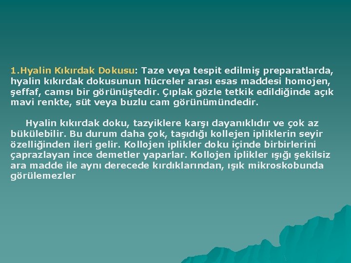 1. Hyalin Kıkırdak Dokusu: Taze veya tespit edilmiş preparatlarda, hyalin kıkırdak dokusunun hücreler arası