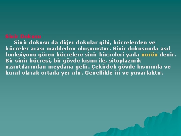 Sinir Dokusu Sinir dokusu da diğer dokular gibi, hücrelerden ve hücreler arası maddeden oluşmuştur.