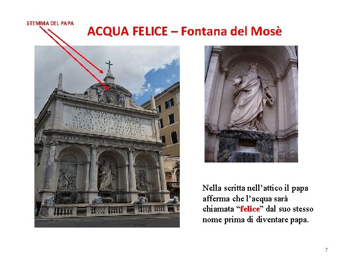 STEMMA DEL PAPA ACQUA FELICE – Fontana del Mosè Nella scritta nell’attico il papa