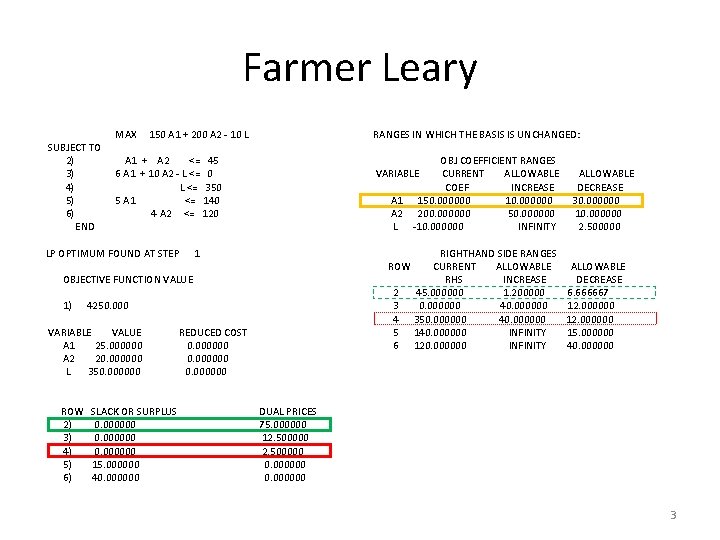 Farmer Leary SUBJECT TO 2) 3) 4) 5) 6) END MAX RANGES IN WHICH