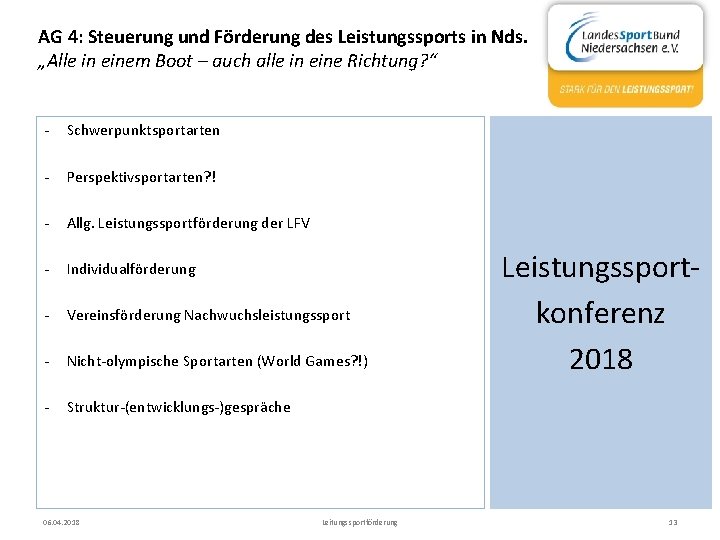 AG 4: Steuerung und Förderung des Leistungssports in Nds. „Alle in einem Boot –