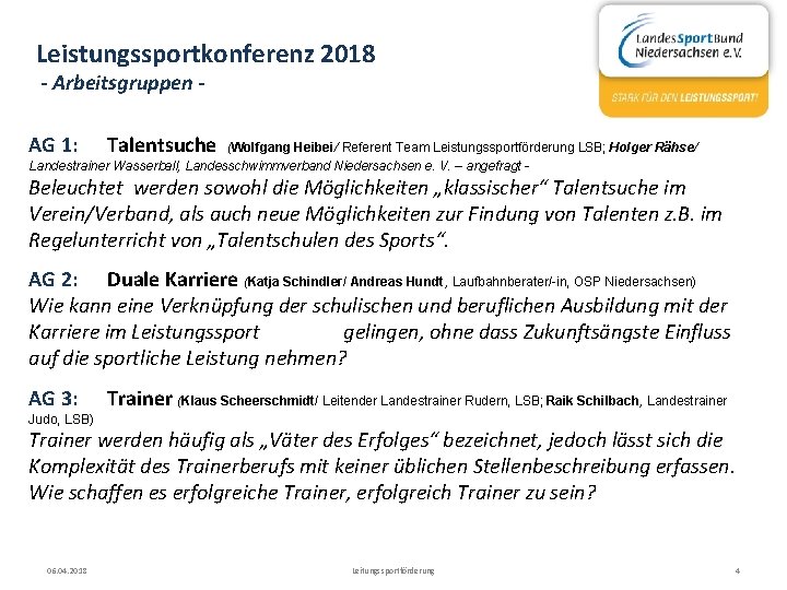 Leistungssportkonferenz 2018 - Arbeitsgruppen - AG 1: Talentsuche (Wolfgang Heibei/ Referent Team Leistungssportförderung LSB;