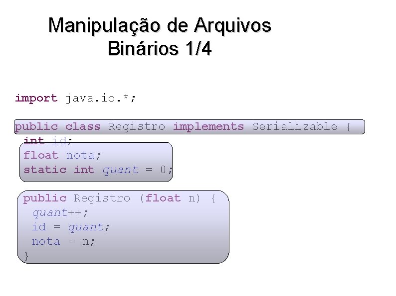 Manipulação de Arquivos Binários 1/4 import java. io. *; public class Registro implements Serializable