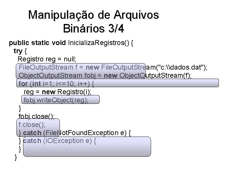 Manipulação de Arquivos Binários 3/4 public static void Inicializa. Registros() { try { Registro