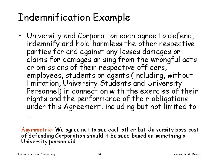 Indemnification Example • University and Corporation each agree to defend, indemnify and hold harmless