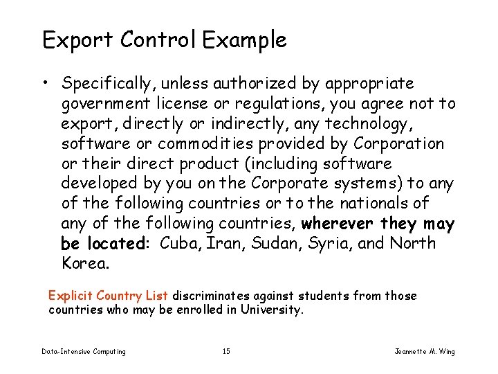 Export Control Example • Specifically, unless authorized by appropriate government license or regulations, you