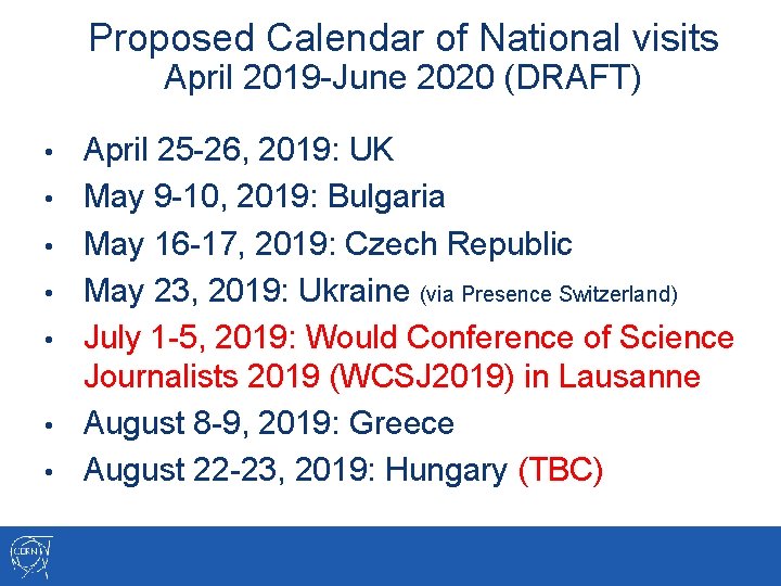 Proposed Calendar of National visits April 2019 -June 2020 (DRAFT) • • April 25