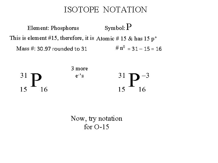 ISOTOPE NOTATION Element: Phosphorus Symbol: P This is element #15, therefore, it is Atomic