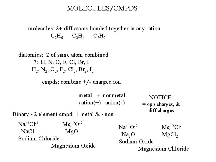 MOLECULES/CMPDS molecules: 2+ diff atoms bonded together in any ration C 2 H 6
