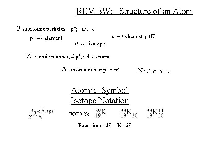 REVIEW: Structure of an Atom 3 subatomic particles: p+ --> element p + ;