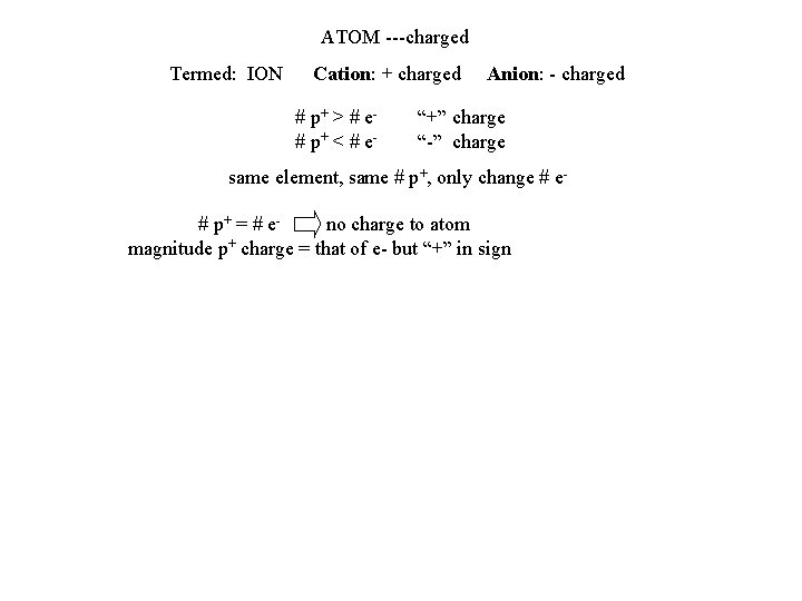 ATOM ---charged Termed: ION Cation: + charged # p+ > # e# p+ <