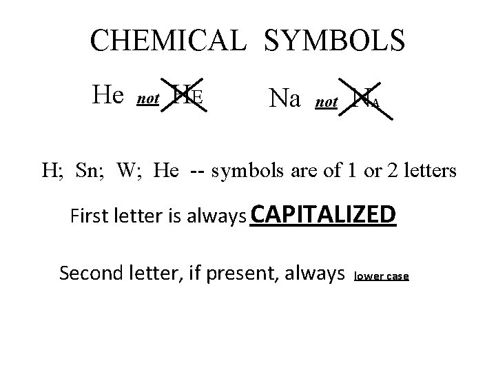 CHEMICAL SYMBOLS He not HE Na not NA H; Sn; W; He -- symbols