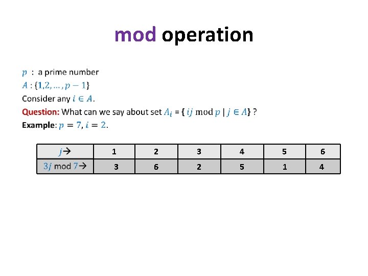 mod operation • 1 2 3 4 5 6 3 6 2 5 1