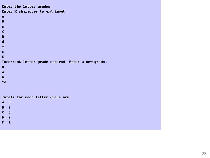Enter the letter grades. Enter X character to end input. a B c C