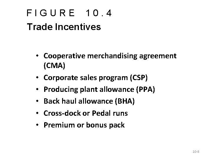 FIGURE 10. 4 Trade Incentives • Cooperative merchandising agreement (CMA) • Corporate sales program