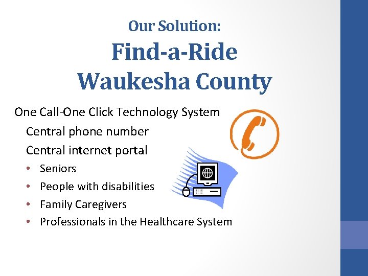 Our Solution: Find-a-Ride Waukesha County One Call-One Click Technology System Central phone number Central