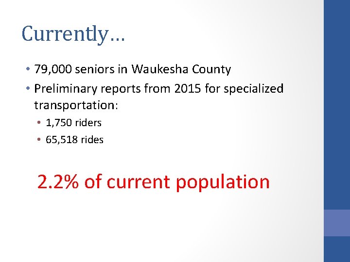 Currently… • 79, 000 seniors in Waukesha County • Preliminary reports from 2015 for