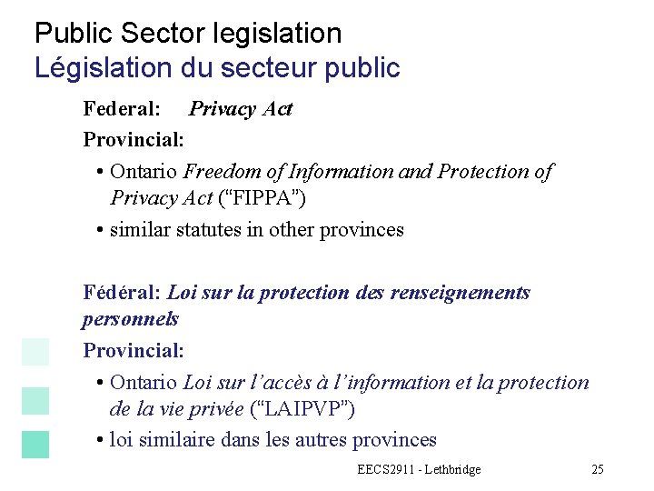 Public Sector legislation Législation du secteur public Federal: Privacy Act Provincial: • Ontario Freedom