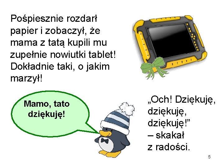 Pośpiesznie rozdarł papier i zobaczył, że mama z tatą kupili mu zupełnie nowiutki tablet!