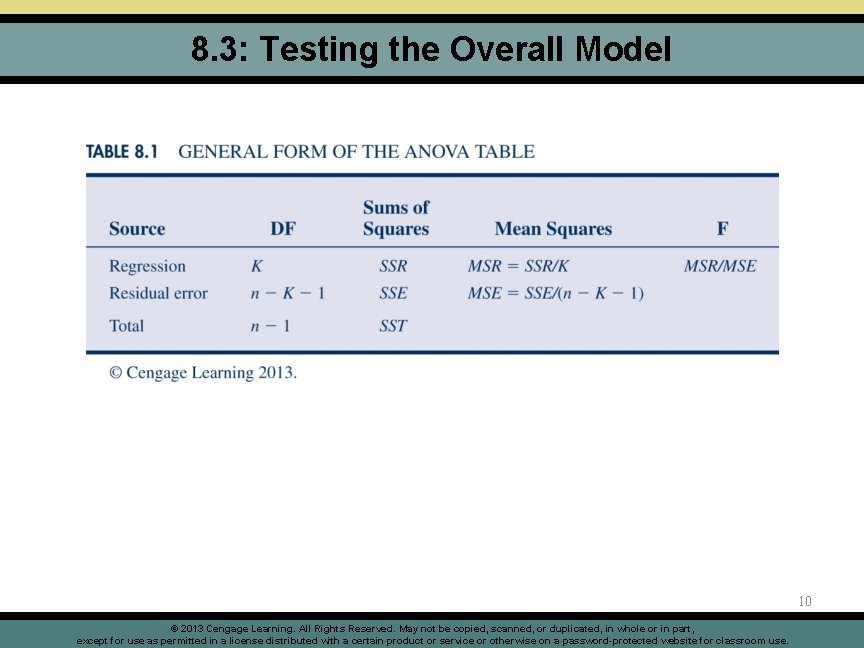 8. 3: Testing the Overall Model 10 © 2013 Cengage Learning. All Rights Reserved.