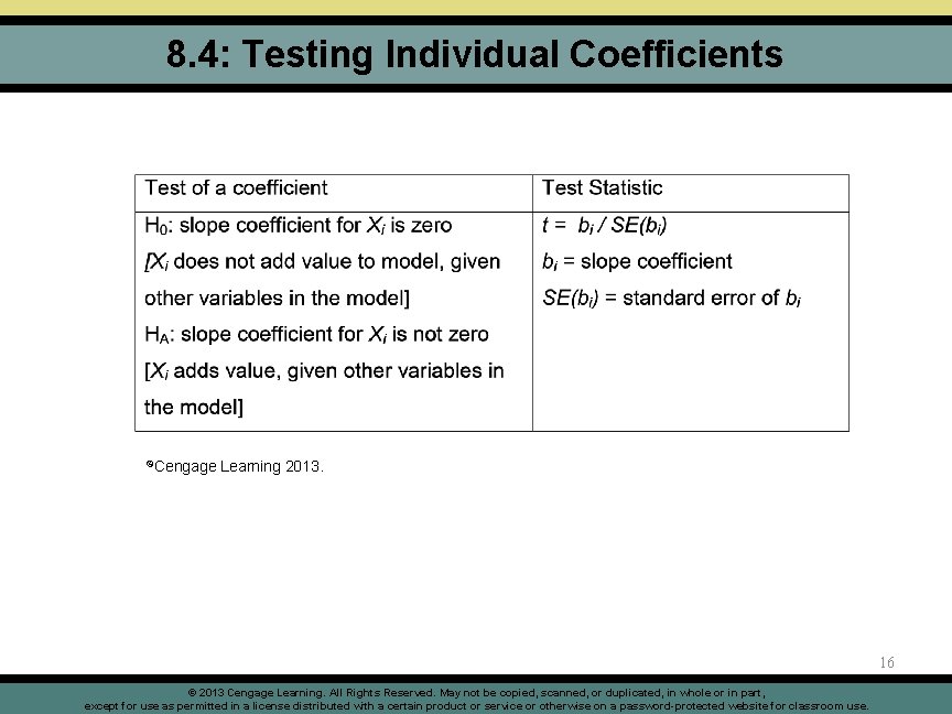 8. 4: Testing Individual Coefficients ©Cengage Learning 2013. 16 © 2013 Cengage Learning. All