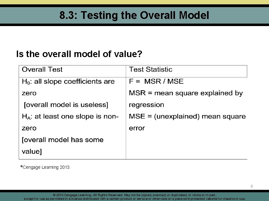 8. 3: Testing the Overall Model Is the overall model of value? ©Cengage Learning