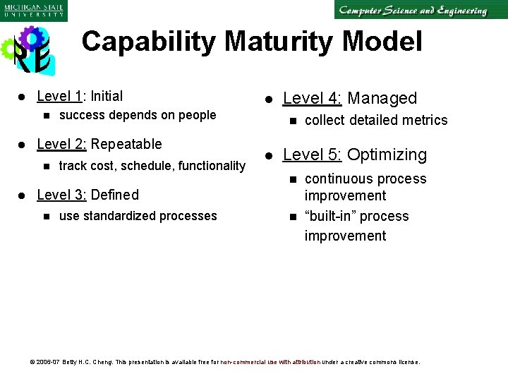 Capability Maturity Model l Level 1: Initial n l success depends on people Level