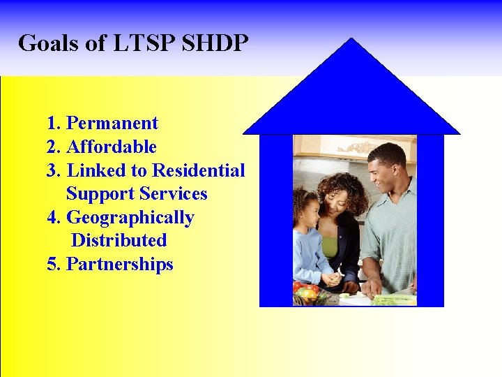 Goals of LTSP SHDP 1. Permanent 2. Affordable 3. Linked to Residential Support Services