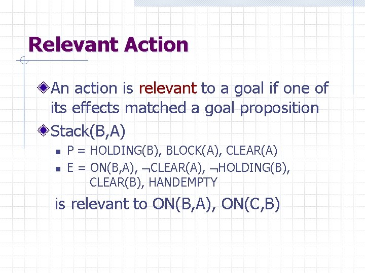 Relevant Action An action is relevant to a goal if one of its effects