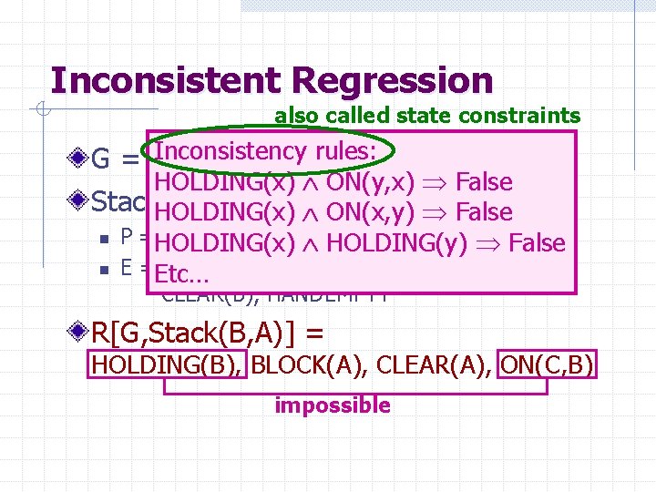 Inconsistent Regression also called state constraints Inconsistency rules: G = ON(B, A), ON(C, B)