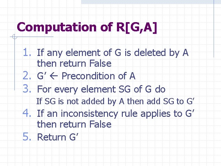 Computation of R[G, A] 1. If any element of G is deleted by A