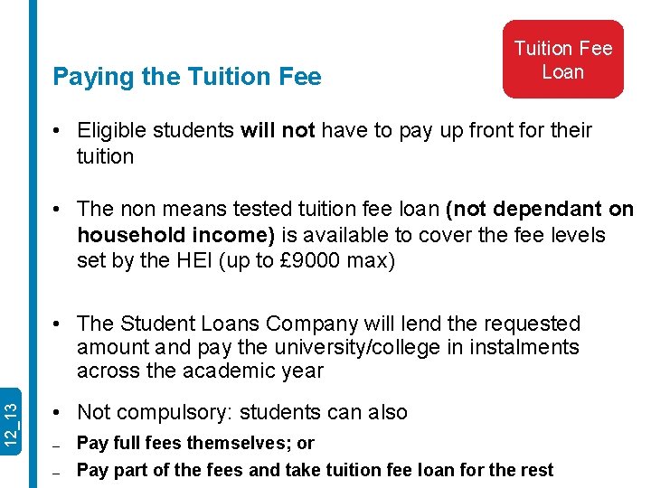 Paying the Tuition Fee Loan • Eligible students will not have to pay up