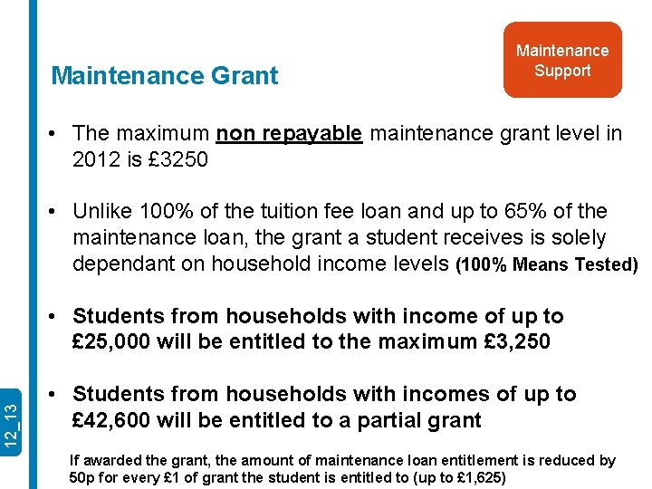 Maintenance Grant Maintenance Support • The maximum non repayable maintenance grant level in 2012