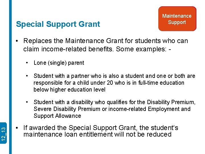 Special Support Grant Tuition Fee Maintenance Support Loan • Replaces the Maintenance Grant for