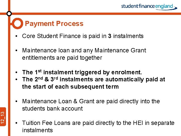 12_13 Payment Process • Core Student Finance is paid in 3 instalments • Maintenance