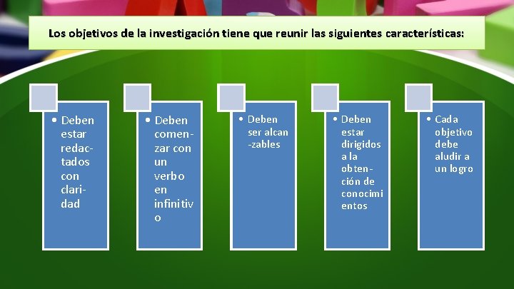 Los objetivos de la investigación tiene que reunir las siguientes características: • Deben estar