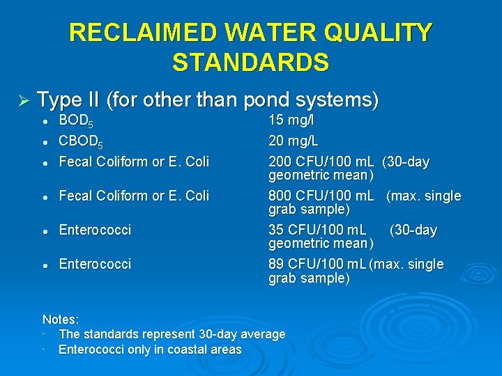 RECLAIMED WATER QUALITY STANDARDS Ø Type II (for other than pond systems) BOD 5