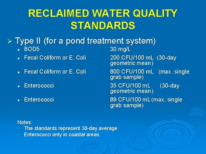 RECLAIMED WATER QUALITY STANDARDS Ø Type II (for a pond treatment system) l BOD
