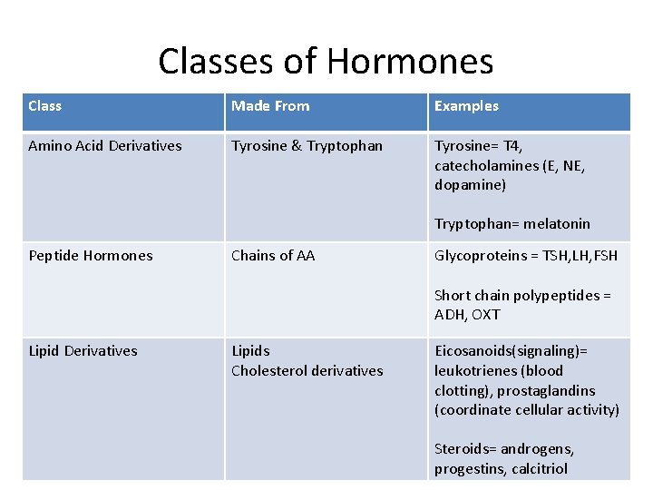 Classes of Hormones Class Made From Examples Amino Acid Derivatives Tyrosine & Tryptophan Tyrosine= Classes of Hormones Class Made From Examples Amino Acid Derivatives Tyrosine & Tryptophan Tyrosine=