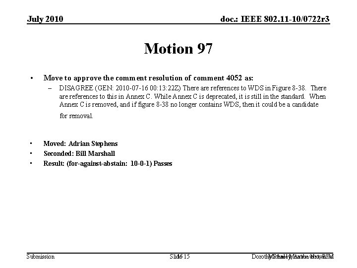 July 2010 doc. : IEEE 802. 11 -10/0722 r 3 Motion 97 • Move