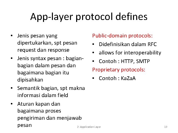 App-layer protocol defines • Jenis pesan yang Public-domain protocols: dipertukarkan, spt pesan • Didefinisikan