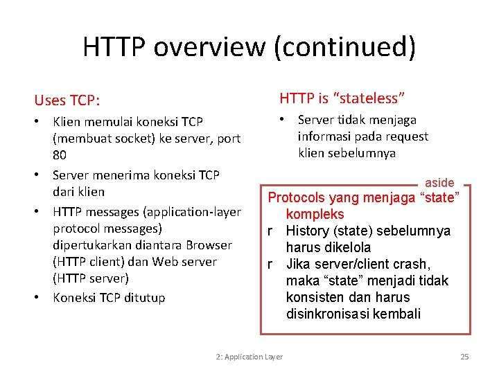 HTTP overview (continued) Uses TCP: HTTP is “stateless” • Klien memulai koneksi TCP (membuat